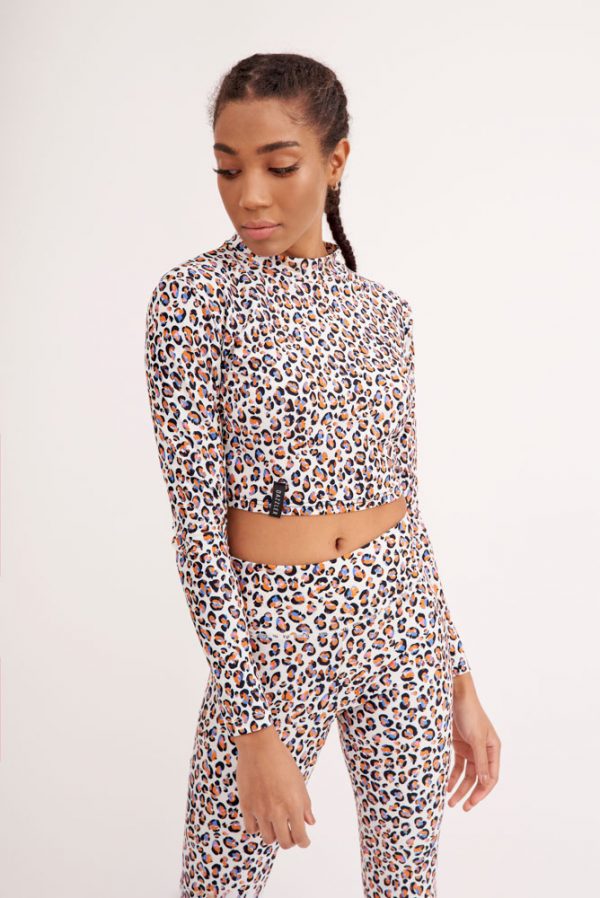 Cropped μπλούζα με μανίκι White Leopard One Size Dazzler 