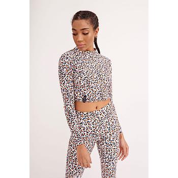 Cropped μπλούζα με μανίκι White Leopard One Size Dazzler 